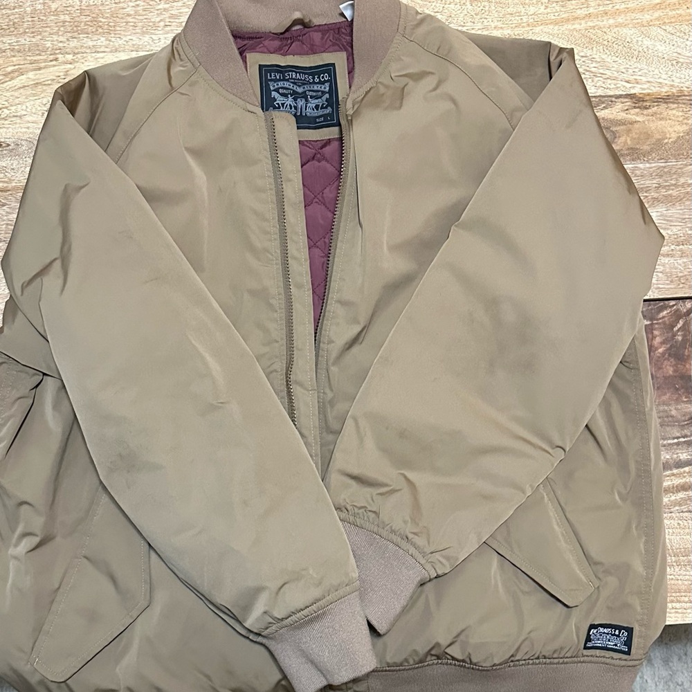 Tan Bomber Jacket with Red Quilted Lining. Like New.